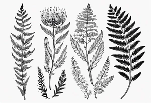 Sword fern and Vancouver island wildflowers tattoo idea