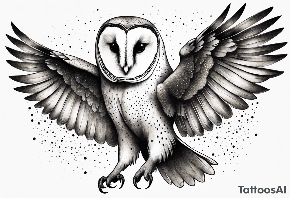 Barn Owl with wings open reaching out to catch food tattoo idea