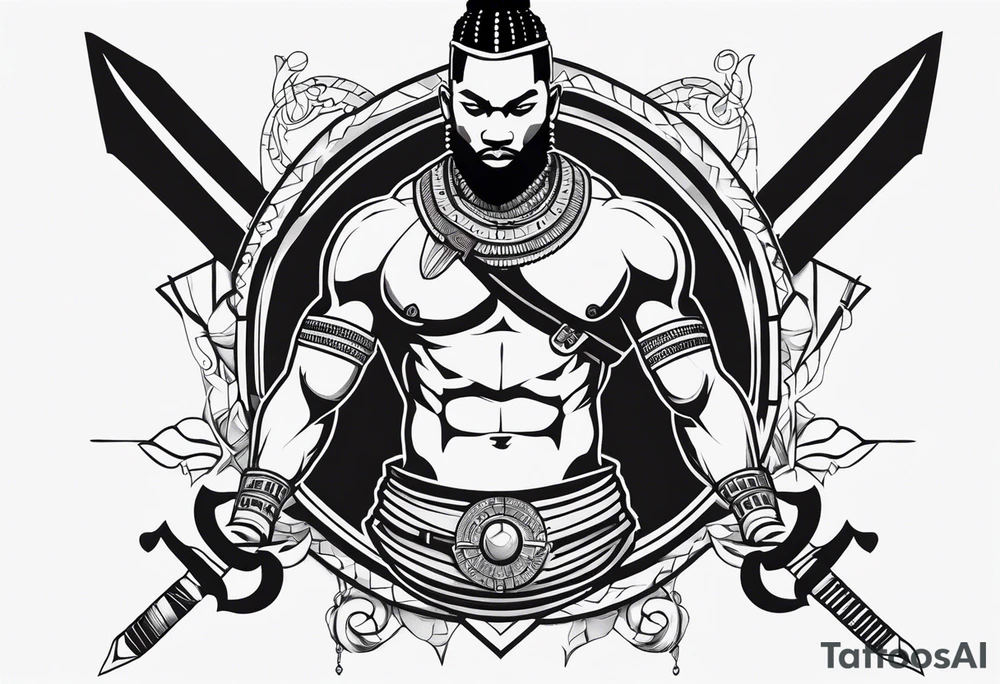 african, warrior, sword, chest tattoo, symmetrical, include neumann numerals, add shade tattoo idea