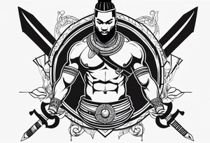 african, warrior, sword, chest tattoo, symmetrical, include neumann numerals, add shade tattoo idea