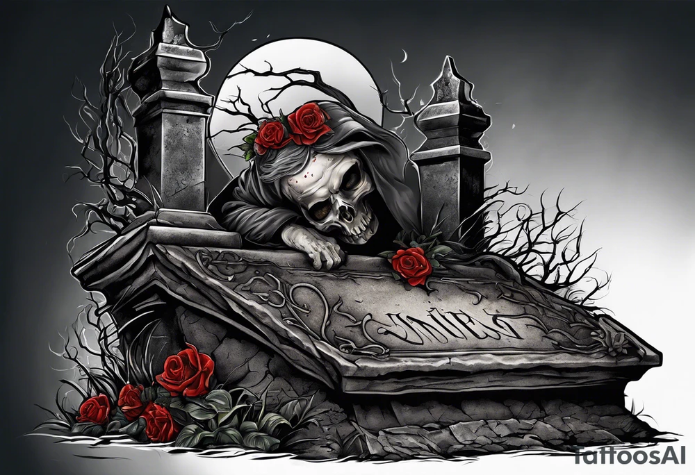 Man crawling out of grave. 
MIW Reincarnate written on gravestone tattoo idea