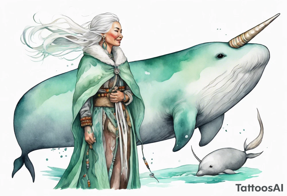 a 45-year-old Sami woman with white  hair wearing a white and mint cloak riding on the back of a narwhal tattoo idea