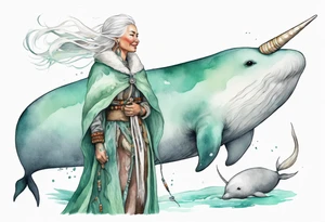 a 45-year-old Sami woman with white  hair wearing a white and mint cloak riding on the back of a narwhal tattoo idea