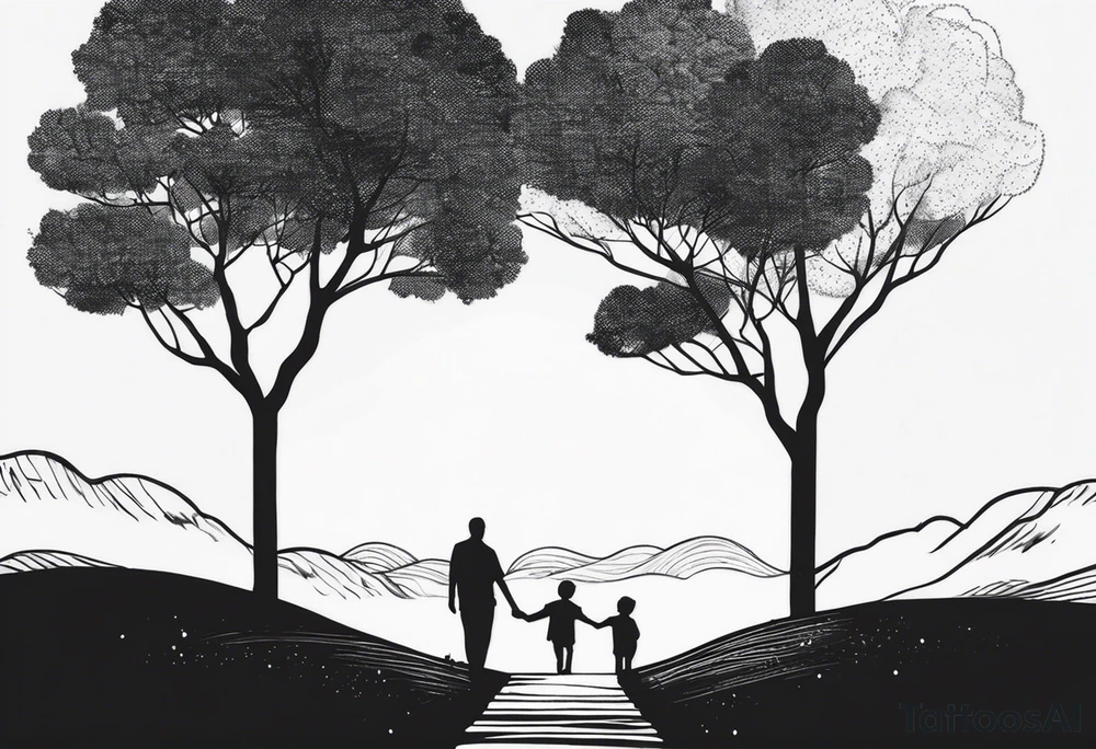 A tree, underneath the tree place a man and a boy holding hands walking into distance, place on forearm tattoo idea