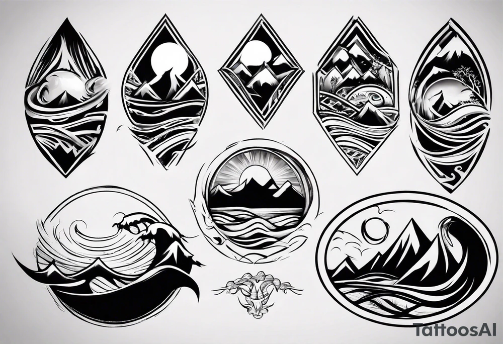 sleeve, mountains, waves, sun, trees tattoo idea