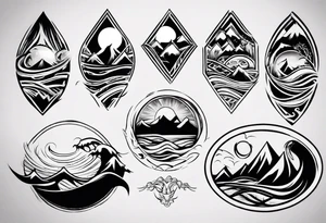 sleeve, mountains, waves, sun, trees tattoo idea