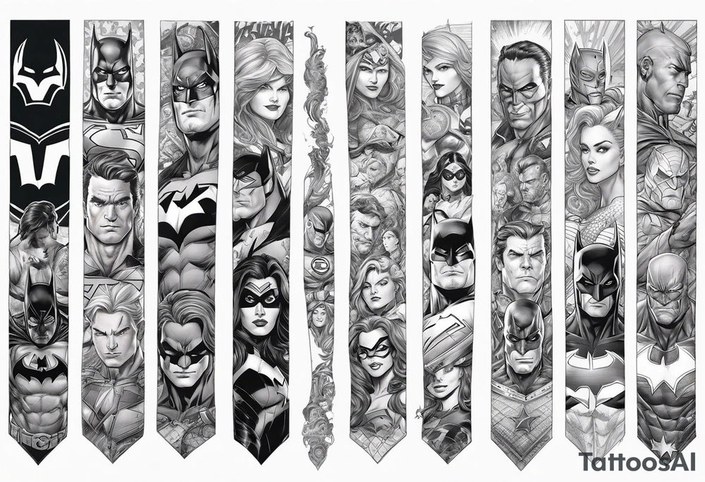 Full arm sleeve tattoo extending from shoulder to wrist featuring an assemble of only the emblems of DC comic heroes and villians.  Do not include the characters, only the emblems. tattoo idea