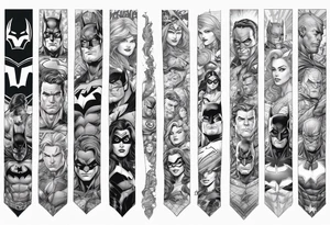 Full arm sleeve tattoo extending from shoulder to wrist featuring an assemble of only the emblems of DC comic heroes and villians.  Do not include the characters, only the emblems. tattoo idea