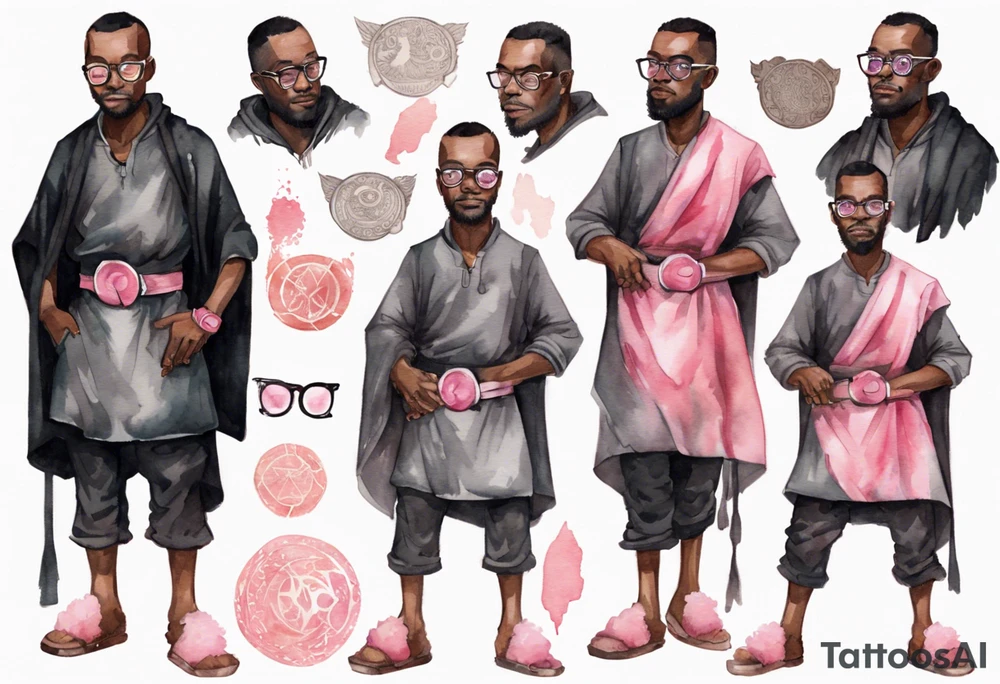 a medieval black man wearing round glasses, wearing a black tunic, wearing a pink belt, wearing grey mukluks tattoo idea