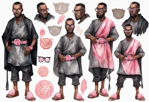 a medieval black man wearing round glasses, wearing a black tunic, wearing a pink belt, wearing grey mukluks tattoo idea