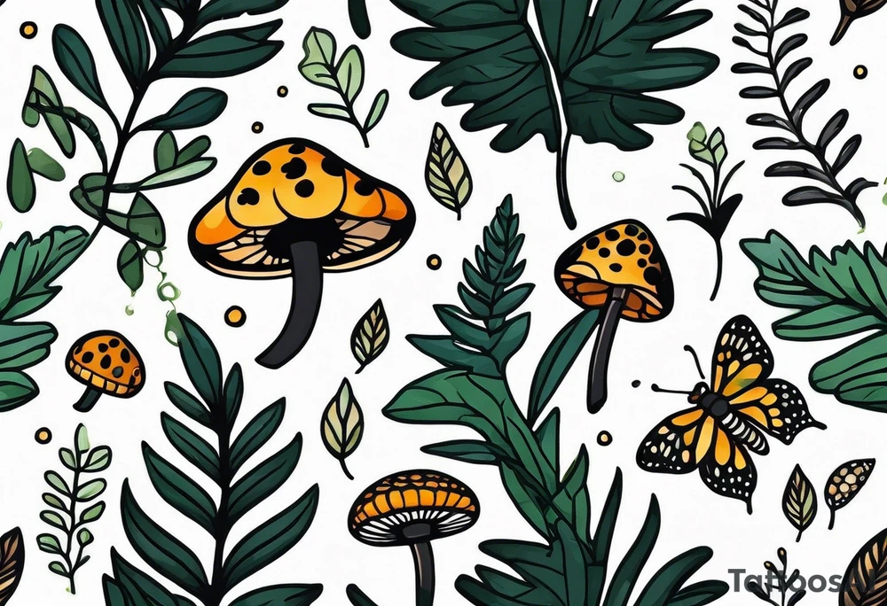 forest floor inspired minimalist tattoo, which includes grass, curly ferns, moss and dead leaves as the bulk of the tattoo. details to include: forest berries, a tiny bumblebee flying nearby, three small brown mushrooms
Generate a vertically long one tattoo idea