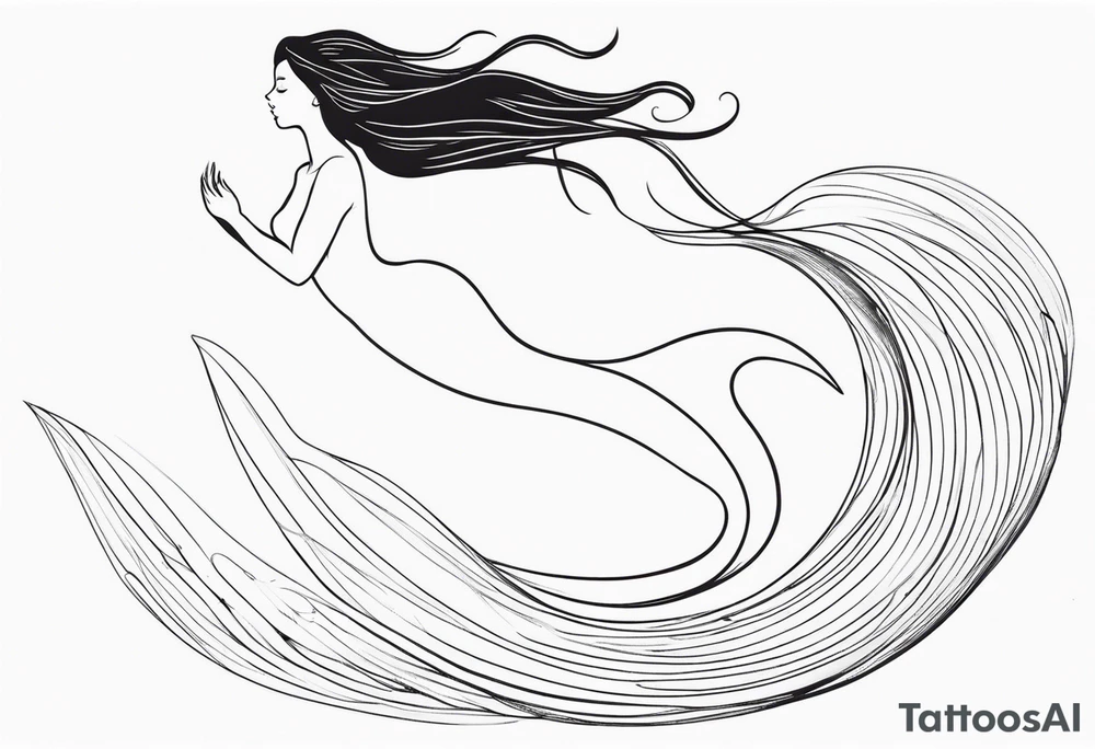 mermaid, long hair, diving like a dolphin face in profile, one-line, tail in bottom left corner, right top right corner tattoo idea