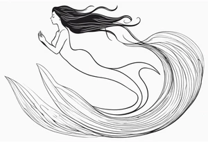 mermaid, long hair, diving like a dolphin face in profile, one-line, tail in bottom left corner, right top right corner tattoo idea