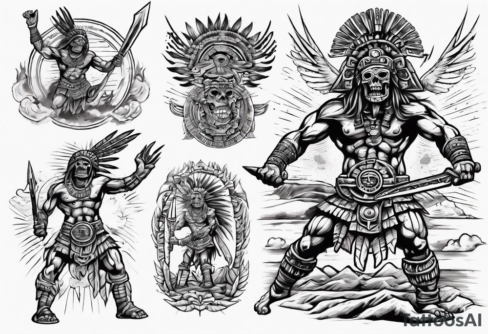 aztec death god warrior fighting against the gods as the sunrise from the ground tattoo idea
