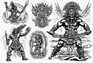 aztec death god warrior fighting against the gods as the sunrise from the ground tattoo idea