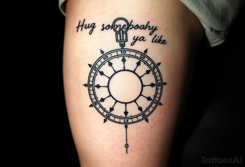Sundial casting shadow with handwriting “Hug somebody ya like” above. tattoo idea