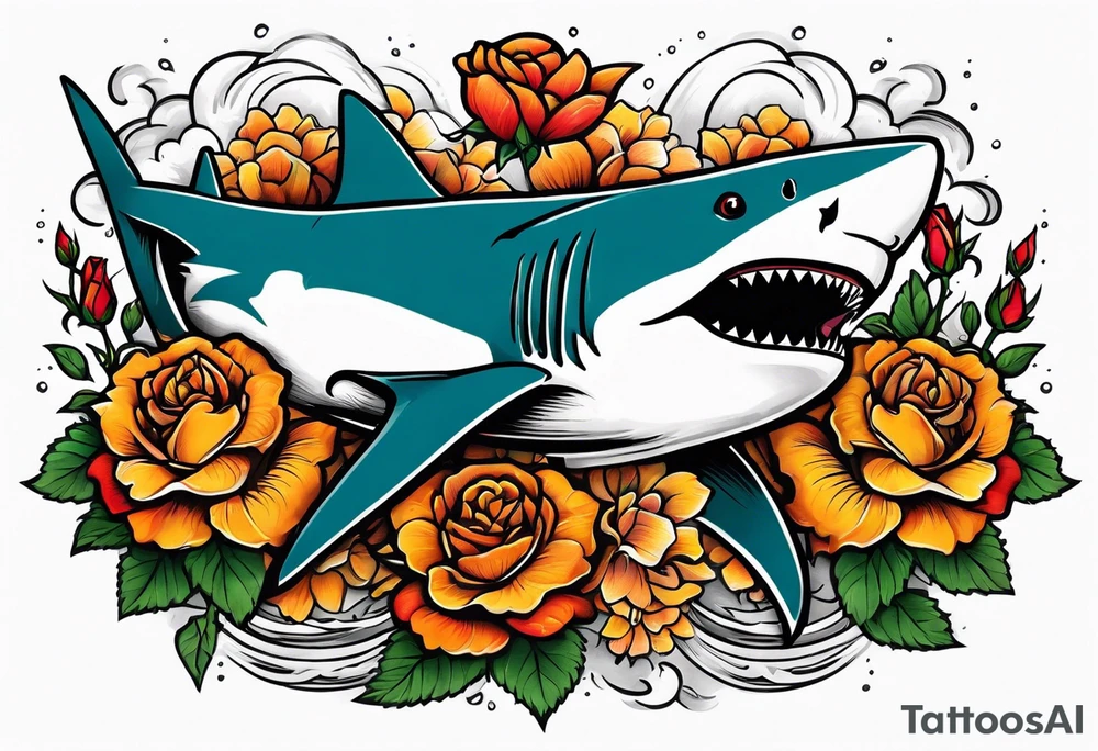 A fierce shark 
swimming upwards on a forearm, surrounded by vibrant roses, marigolds, and scattered shurikens. Include subtle shading and water elements for depth and movement. Flowers (roses, marigolds) should organically frame the shark and potentially wrap around its body. tattoo idea