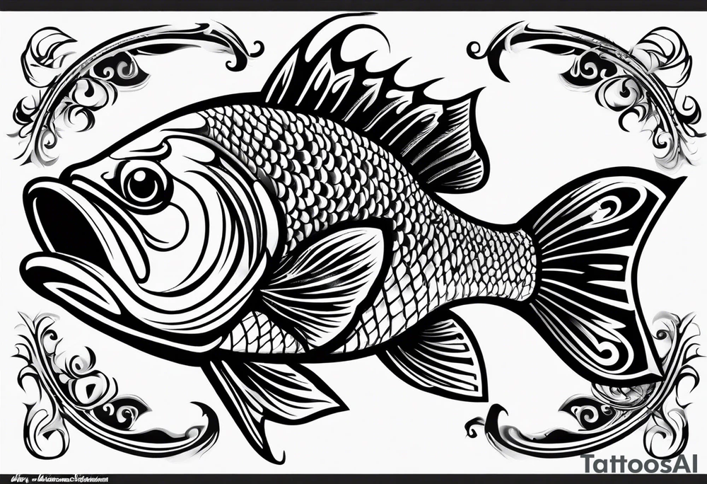 tribal bass fish, its tail turns into a fishing hook tattoo idea