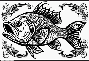 tribal bass fish, its tail turns into a fishing hook tattoo idea