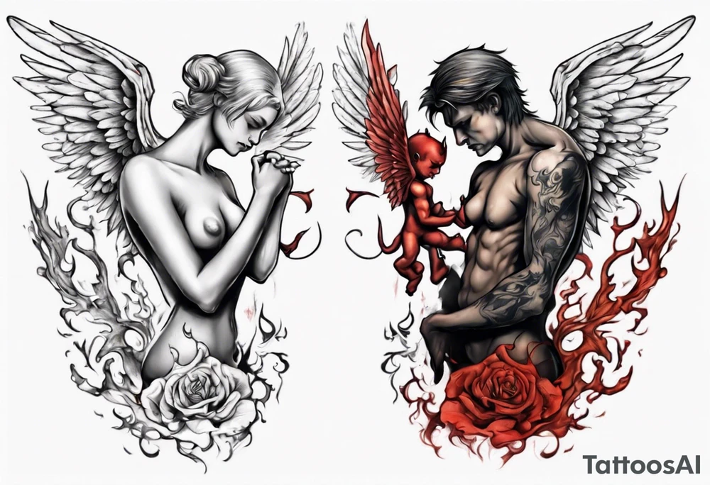 Angel and devil holding each other tattoo idea