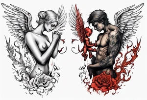 Angel and devil holding each other tattoo idea
