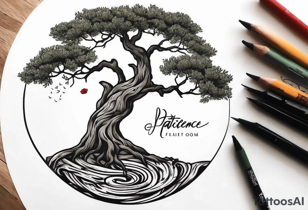 And olive tree with exposed roots, writing out “patience” in Korean, next to a tree stump with exposed rings, and a small Poppy flower growing out of the ground tattoo idea