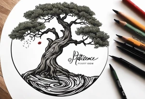 And olive tree with exposed roots, writing out “patience” in Korean, next to a tree stump with exposed rings, and a small Poppy flower growing out of the ground tattoo idea