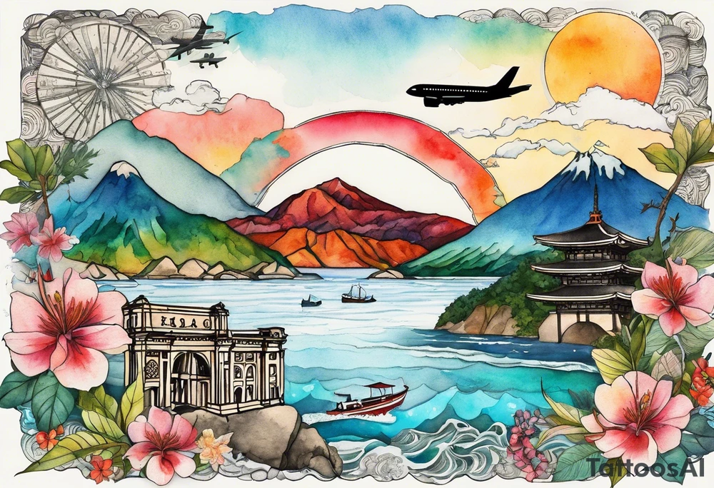 Travel collage with Half moon bay, mountains, Kansas city skyline and 
Arc de Triomphe, Jamaican beach spilled watercolor and tiny jet plane silhouette and a tiny ski boat in the water tattoo idea