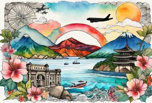 Travel collage with Half moon bay, mountains, Kansas city skyline and 
Arc de Triomphe, Jamaican beach spilled watercolor and tiny jet plane silhouette and a tiny ski boat in the water tattoo idea