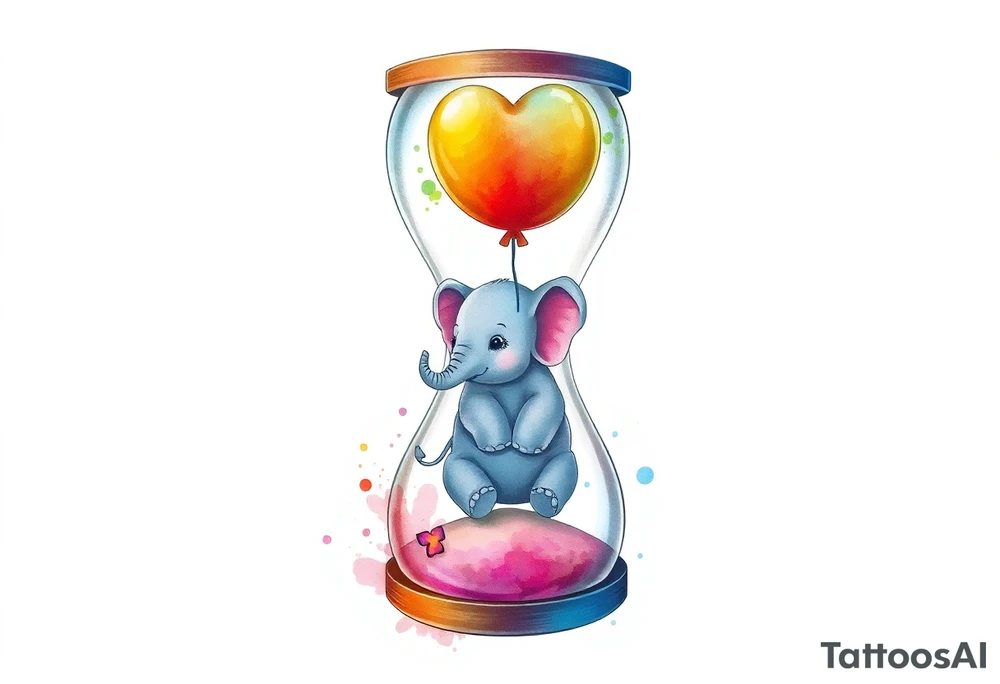 An hour glass with a Baby elephant inside and an autism balloon coming from the top of the hour glass. All around the hour glass would be a rainbow of water colors tattoo idea