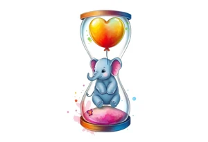 An hour glass with a Baby elephant inside and an autism balloon coming from the top of the hour glass. All around the hour glass would be a rainbow of water colors tattoo idea