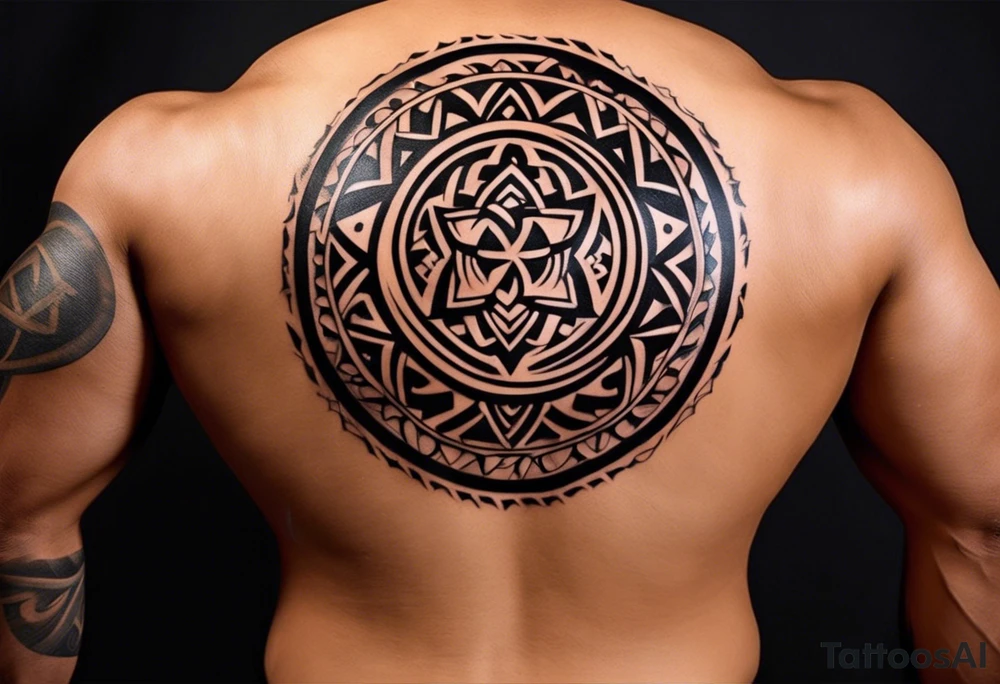 Create a tribal tattoo design featuring bold, intricate patterns with sharp, flowing lines. The design should have a symmetrical and dynamic appearance, incorporating elements such as curves, spirals, and abstract shapes. The tattoo should convey a sense of strength and power, suitable for placement on the upper arm or back. Make sure the patterns are dense and interconnected, creating a cohesive and striking visual impact. tattoo idea