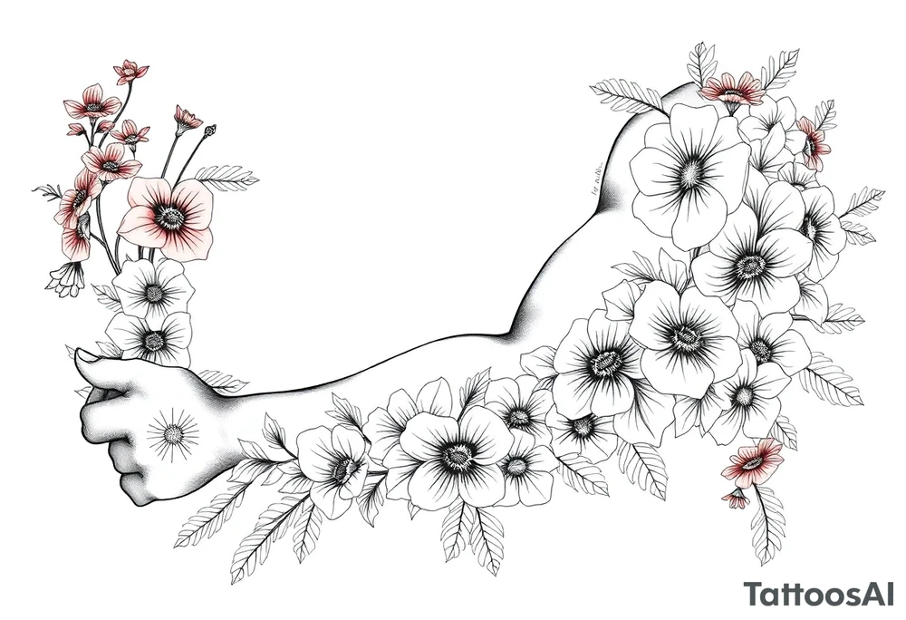Full sleeve tattoo design of larkspur and hawthorn flowers, highly detailed line art, RED ink, elegant botanical style, intertwined composition, no shading, no human mock-up, clean stencil style suitable for tattooing, fit fully within boundaries. LINE ART ONLY, REMOVE HUMAN, NO SKIN, NO ARM, NO HUMAN BODY PARTS tattoo idea