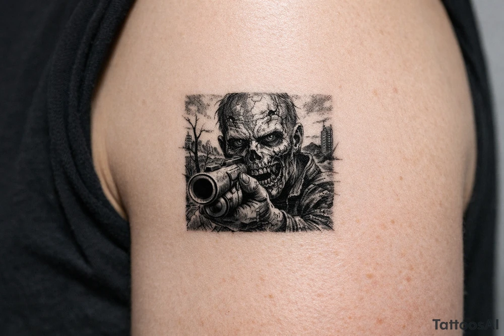 Close-up of zombie's face, shotgun barrel pointed forward, desolate background. tattoo idea