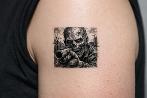 Close-up of zombie's face, shotgun barrel pointed forward, desolate background. tattoo idea