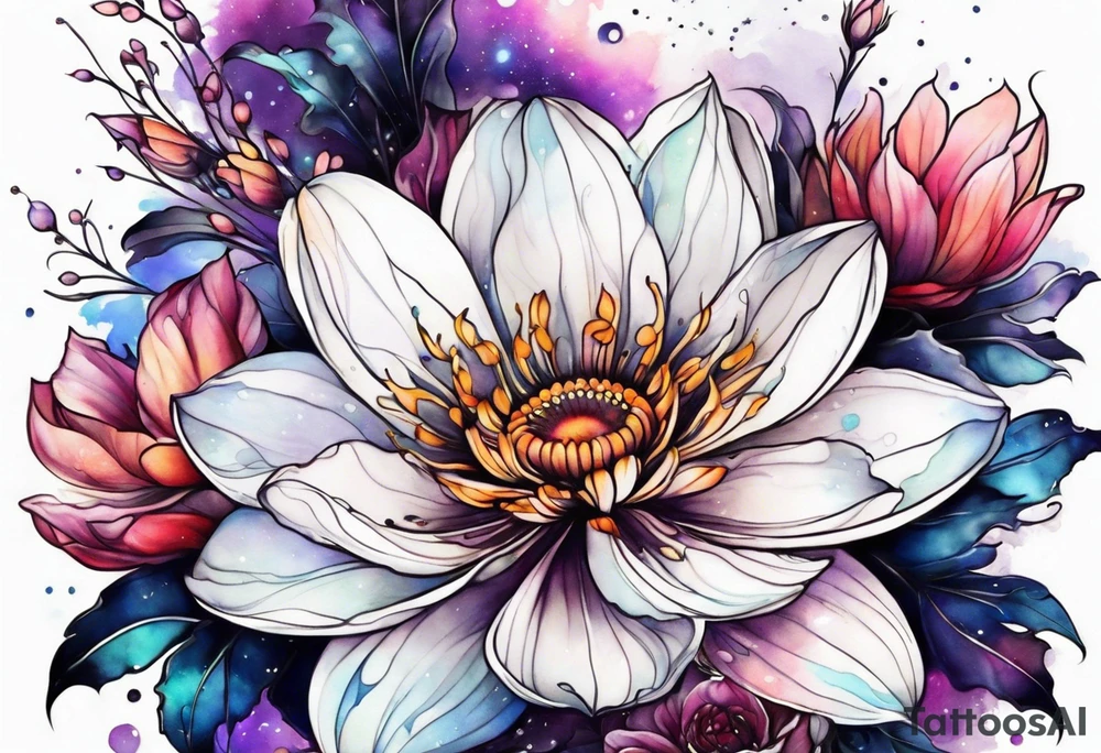 Cosmic space flowers tattoo idea