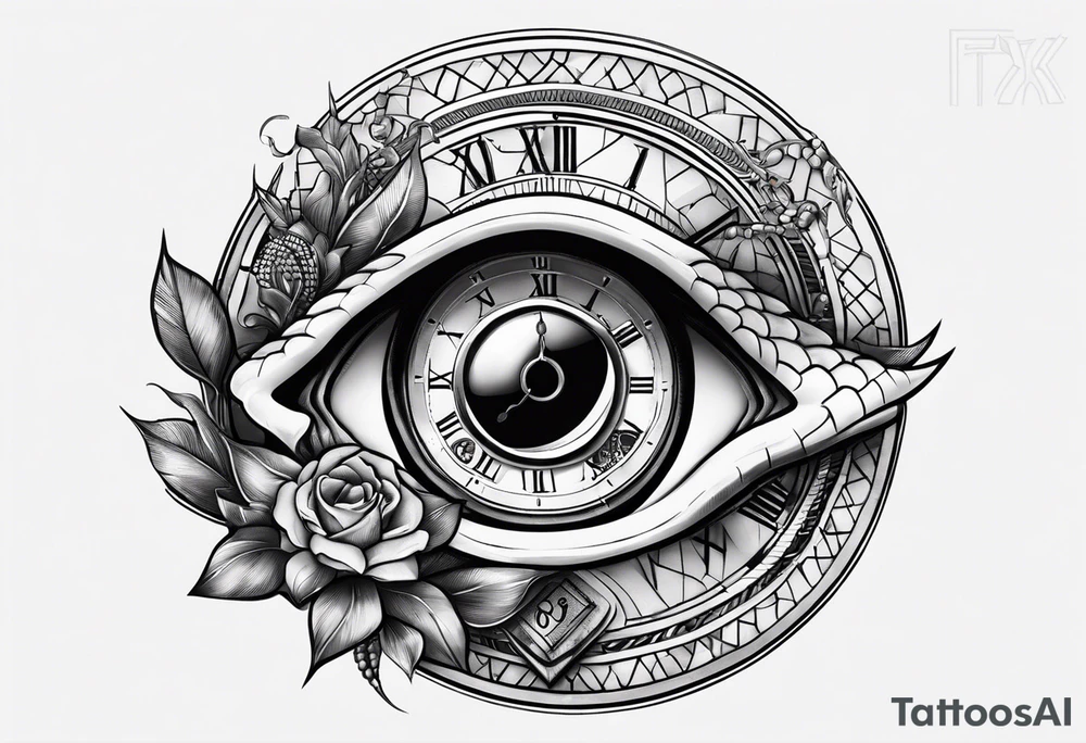 snake eye with clock tattoo idea