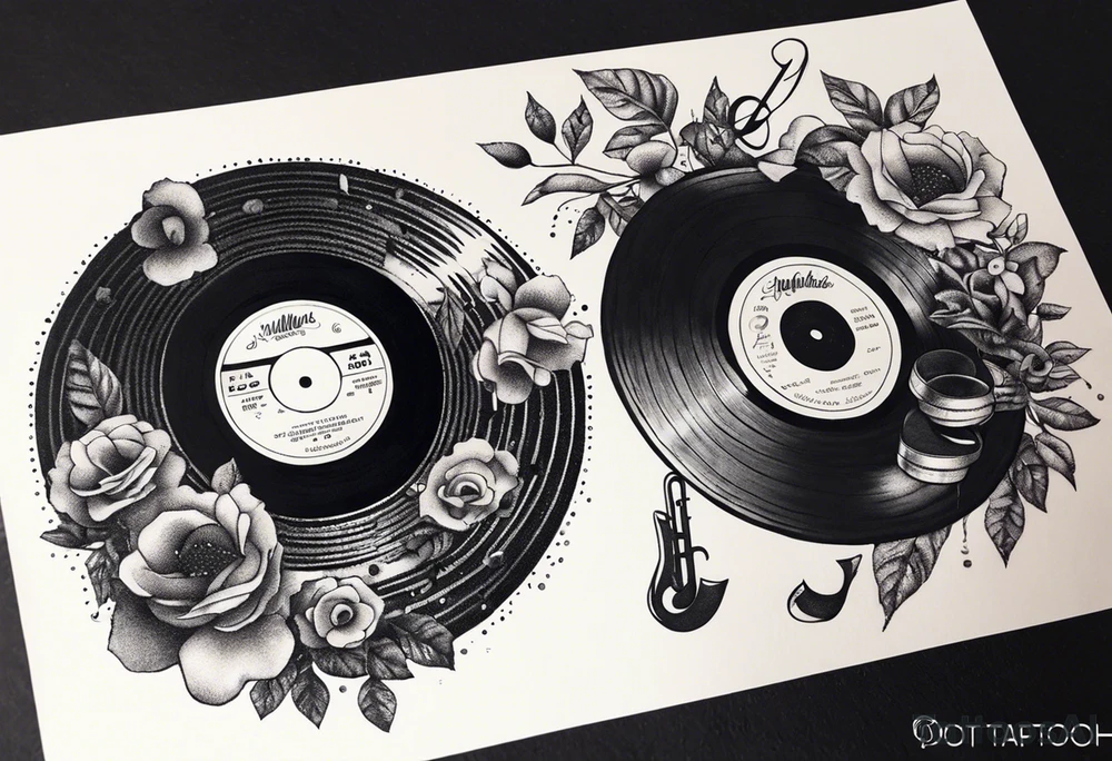 music notes surrounded by a record, a cassette tape, and saxophone parts tattoo idea