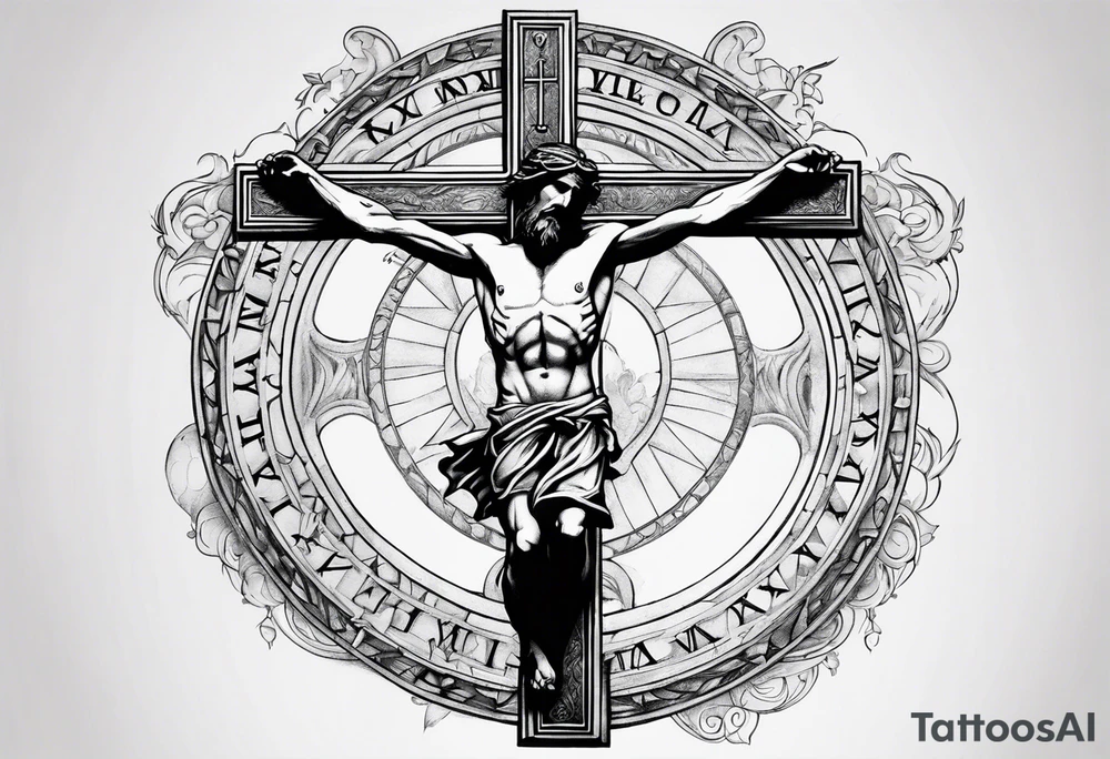 Crucified man in roman numerals circle tattoo idea
