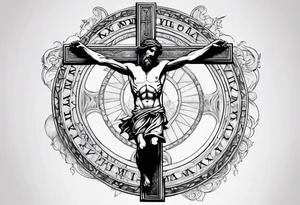 Crucified man in roman numerals circle tattoo idea