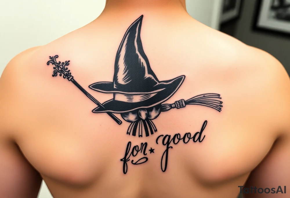 Wicked Broadway theme with a wand, broom, witch hat. Then the lettering “for good” tattoo idea