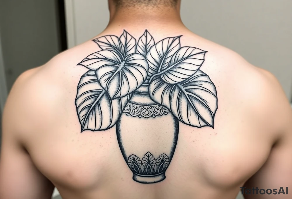 Large Decorative ornamental
 vase with large monstera leaves tattoo idea