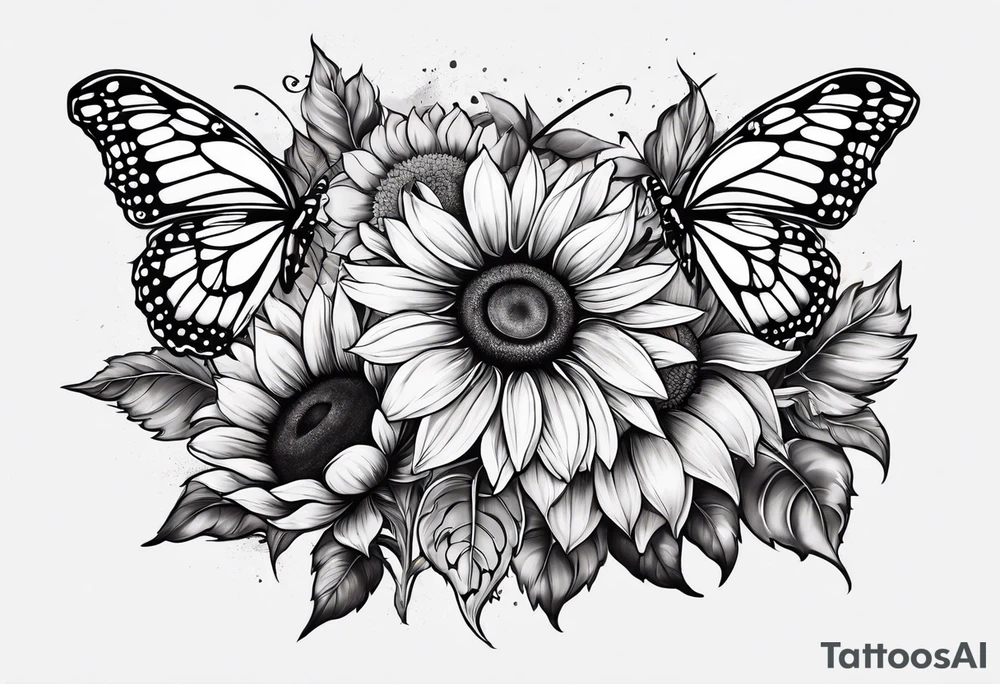 Sleeve with cross, sunflowers and butterflies tattoo idea
