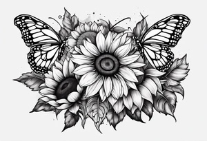 Sleeve with cross, sunflowers and butterflies tattoo idea