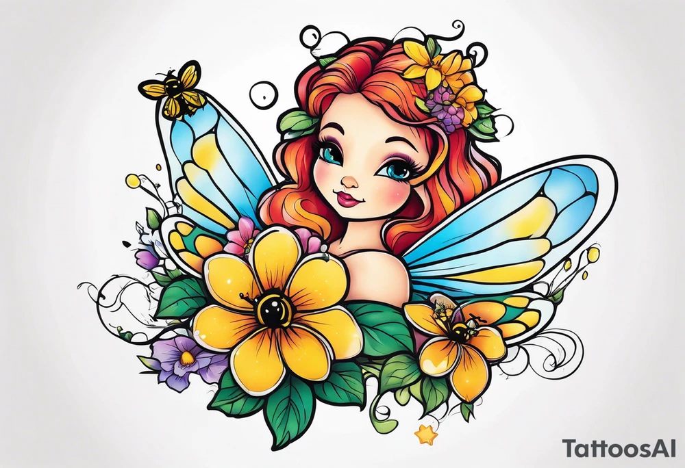 Fairy. Bee. Flowers tattoo idea