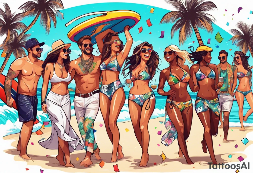 SURFING SAFARI BEACH DANCE 
PARTY WITH CONFETTI AND MUSIC NOTES, TROPICAL DRINKS, SEXY BIKINIS tattoo idea