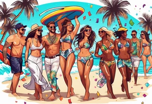 SURFING SAFARI BEACH DANCE 
PARTY WITH CONFETTI AND MUSIC NOTES, TROPICAL DRINKS, SEXY BIKINIS tattoo idea