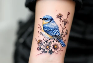 Puffy bluebird surrounded by wild flowers tattoo idea