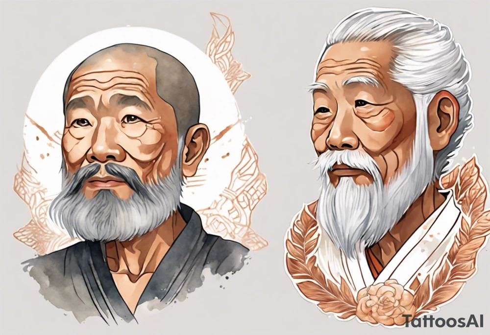 a solitary Filipino man with a grey beard wearing a copper amulet tattoo idea