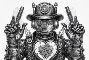 steampunk robot holding a beating heart in hands tattoo idea